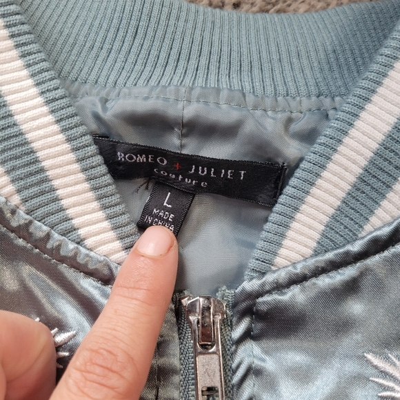 Sage Green Satin Bomber Jacket Embroidered Floral Pattern: Size Large - Picture 2 of 9